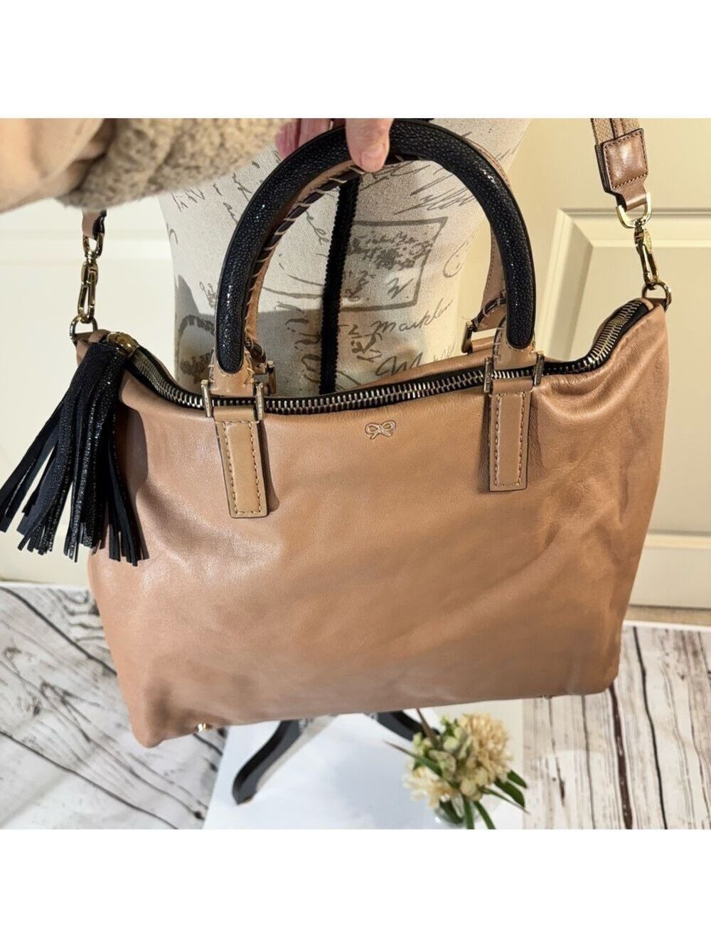 Anya Hindmarch Huxley Tan Leather Shoulder Tote with Tassel